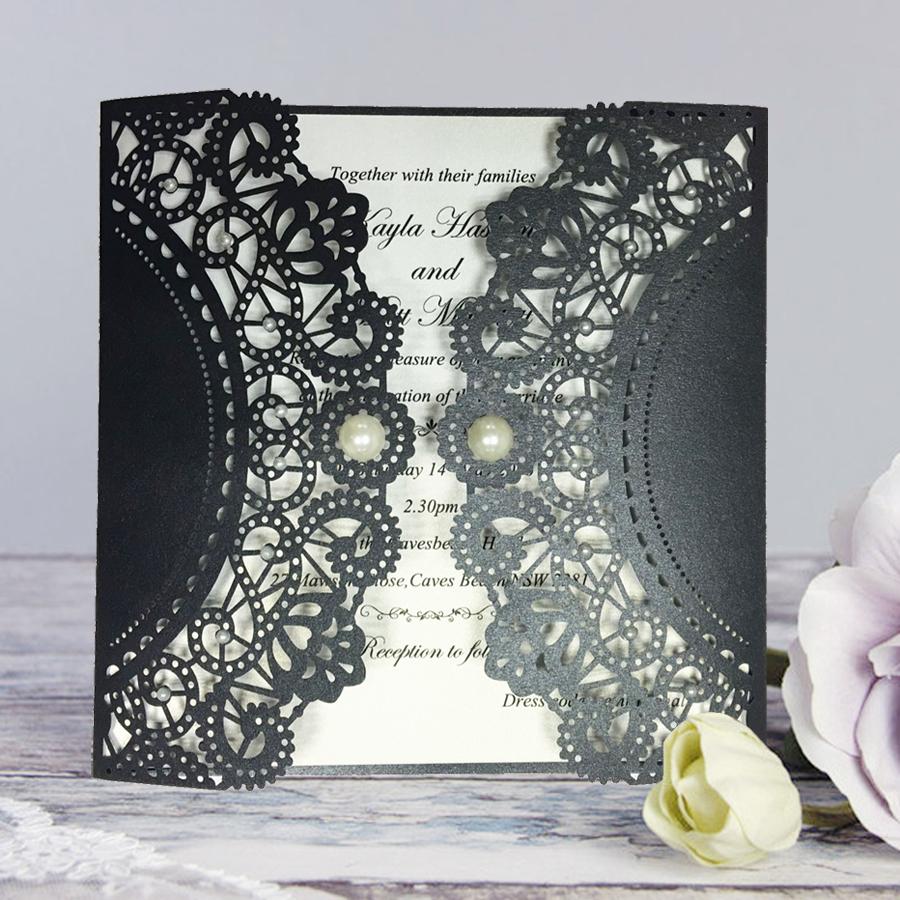 Laser Cutting Invitations Black Pearls Wedding Invitations With Customized Wording Picky Bride 