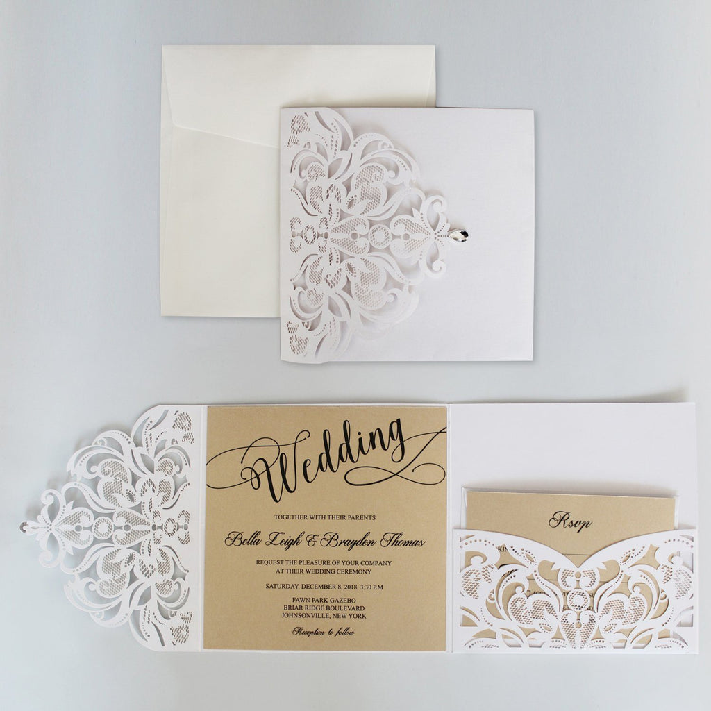 Laser Cutting Invitations, White Customized Invites Cards with RSVP Cards Picky Bride 