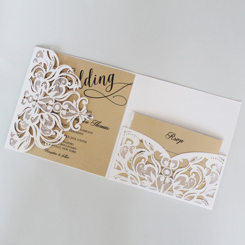 Laser Cutting Invitations, White Customized Invites Cards with RSVP Cards Picky Bride 