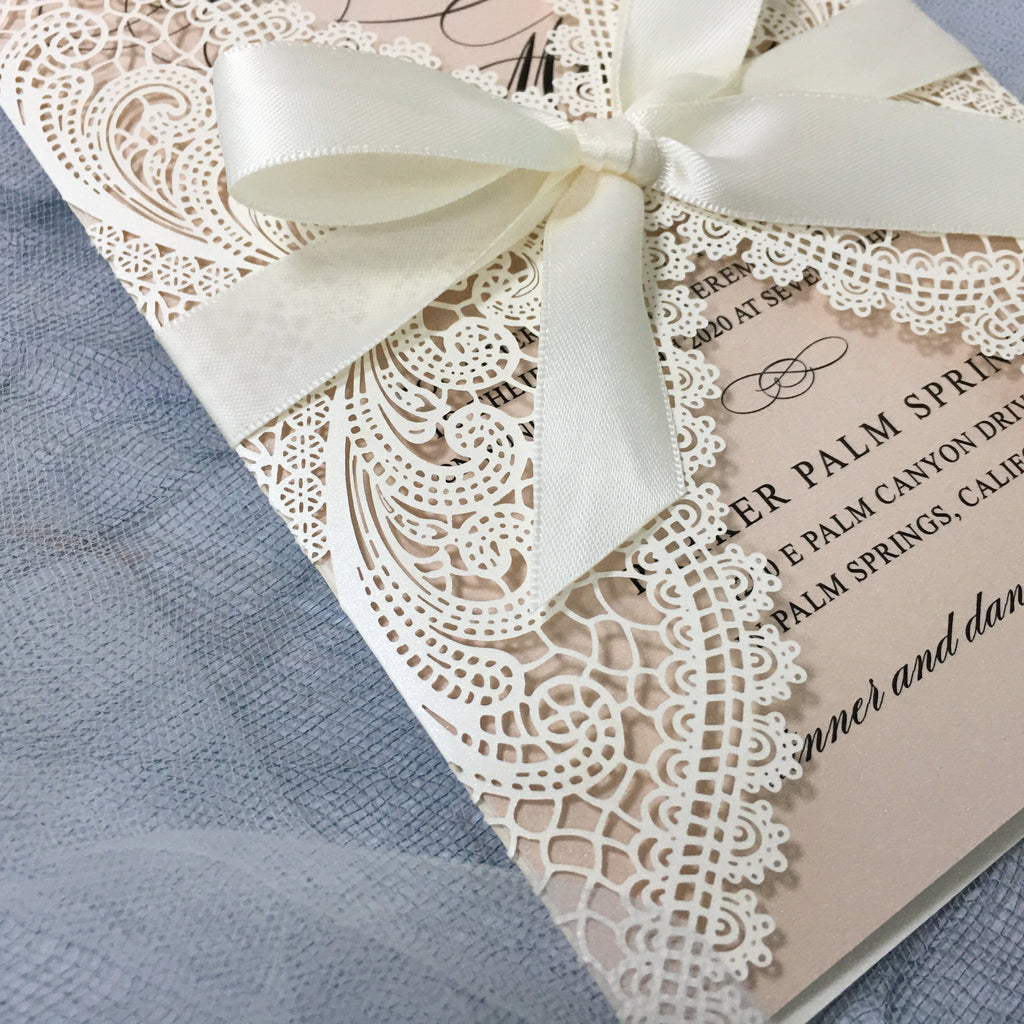 Laser Cutting Wedding Invitations with RSVP Cards, Blush Pink Shimmer Invitation Cards Picky Bride 