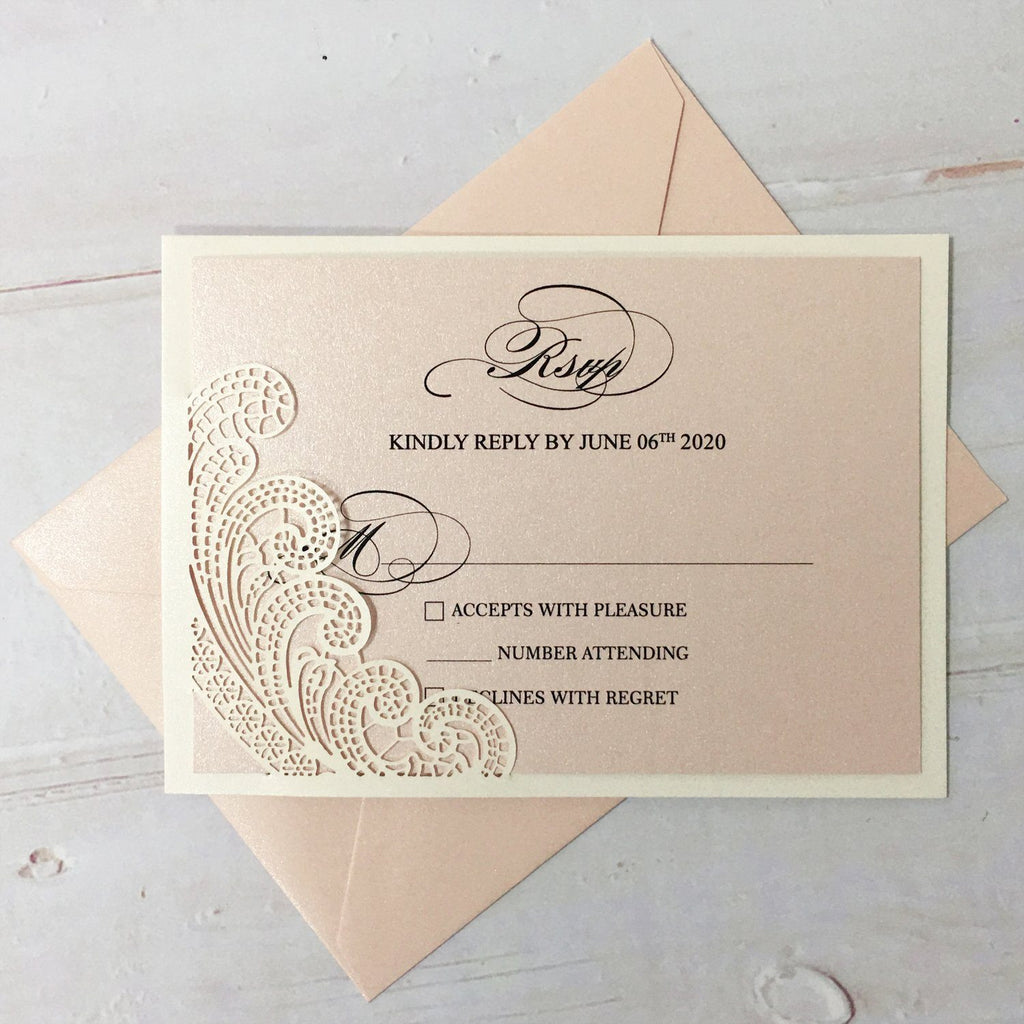 Laser Cutting Wedding Invitations with RSVP Cards, Blush Pink Shimmer Invitation Cards Picky Bride 