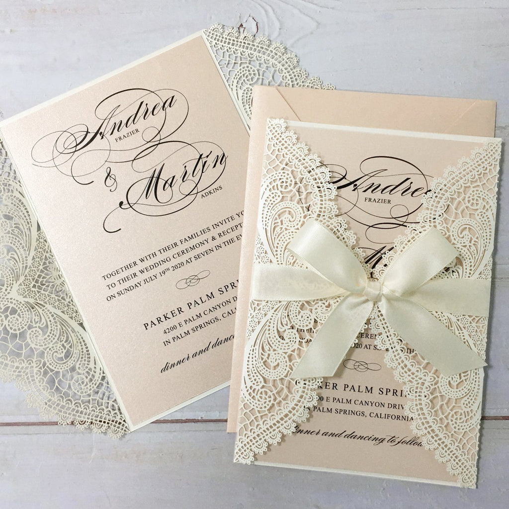 Laser Cutting Wedding Invitations with RSVP Cards, Blush Pink Shimmer Invitation Cards Picky Bride 