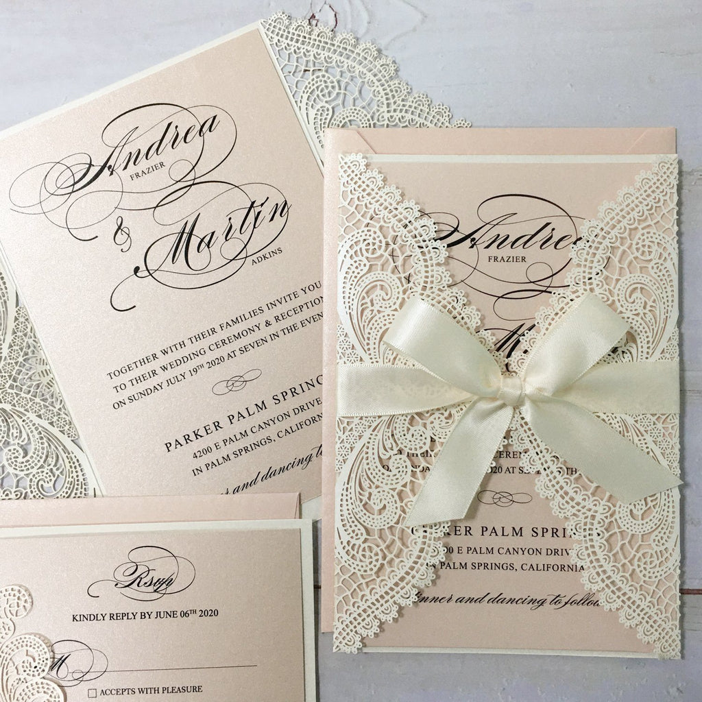 Laser Cutting Wedding Invitations with RSVP Cards, Blush Pink Shimmer Invitation Cards Picky Bride 