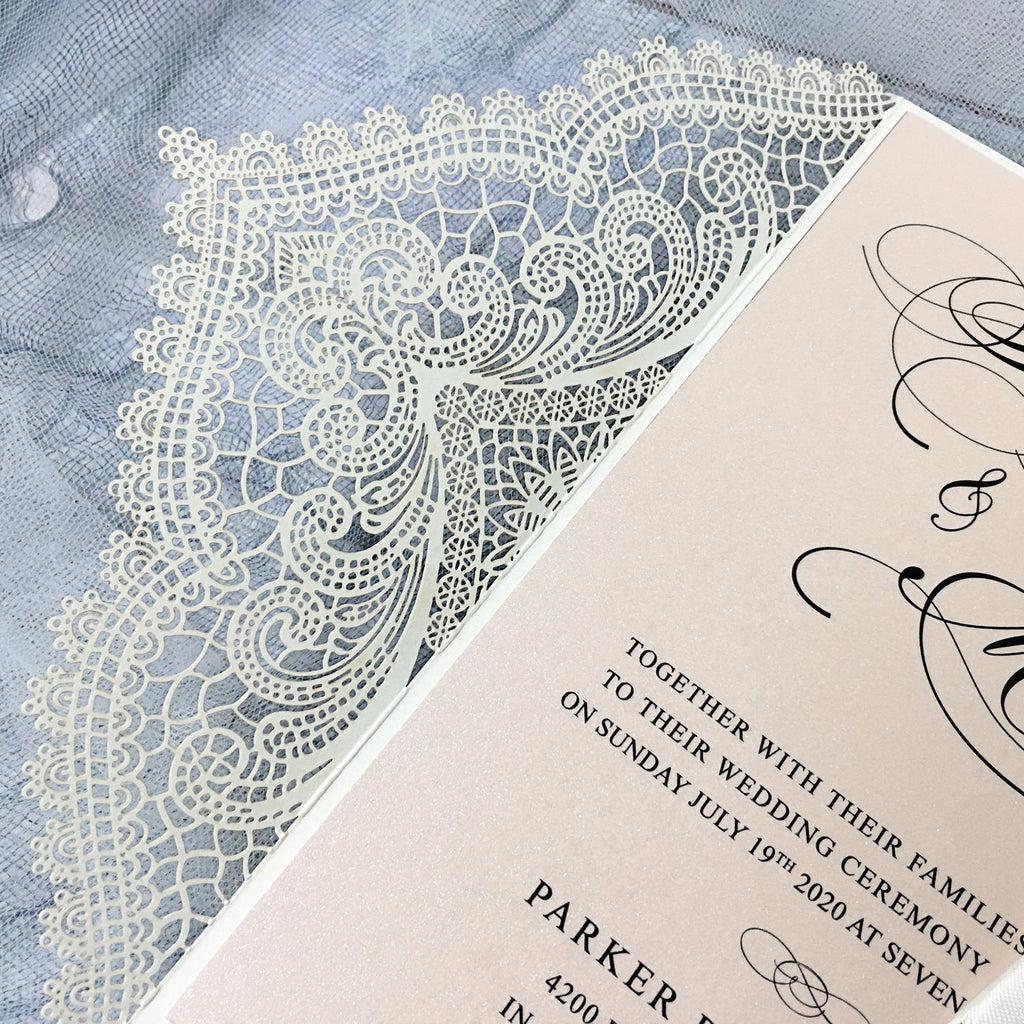 Laser Cutting Wedding Invitations with RSVP Cards, Blush Pink Shimmer Invitation Cards Picky Bride 