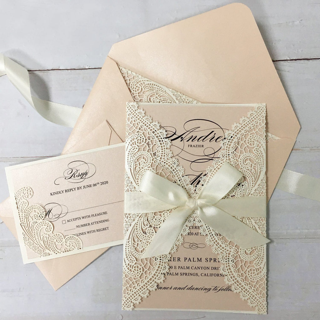 Laser Cutting Wedding Invitations with RSVP Cards, Blush Pink Shimmer Invitation Cards Picky Bride 