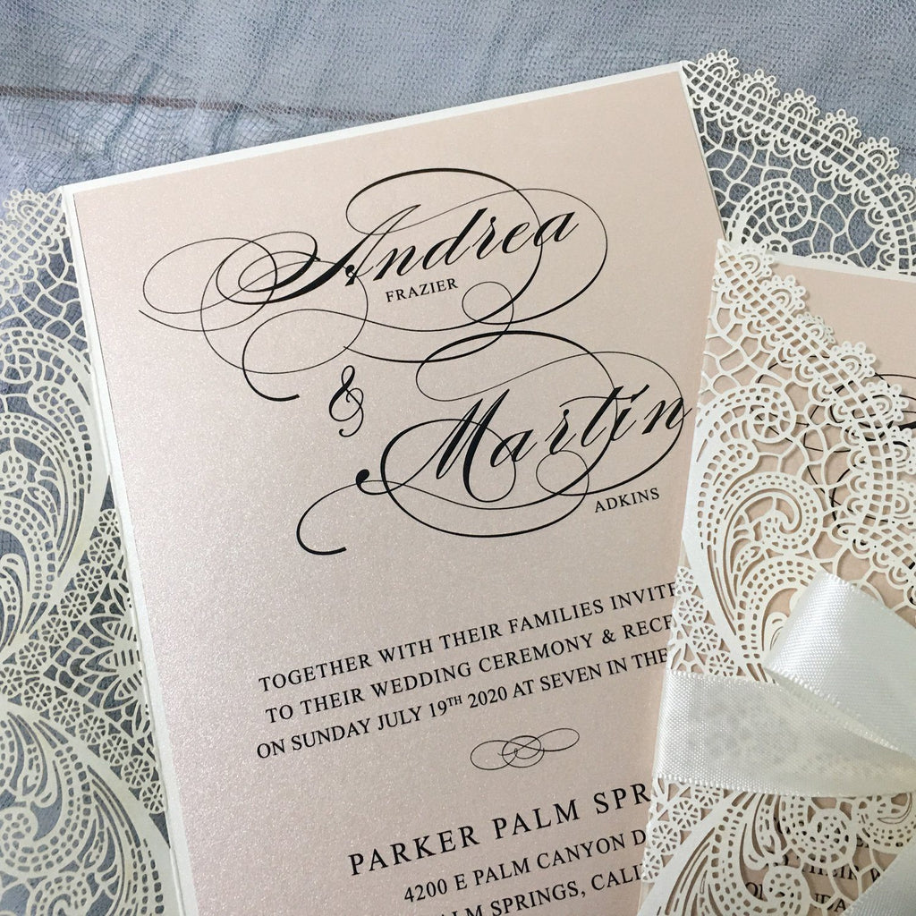 Laser Cutting Wedding Invitations with RSVP Cards, Blush Pink Shimmer Invitation Cards Picky Bride 