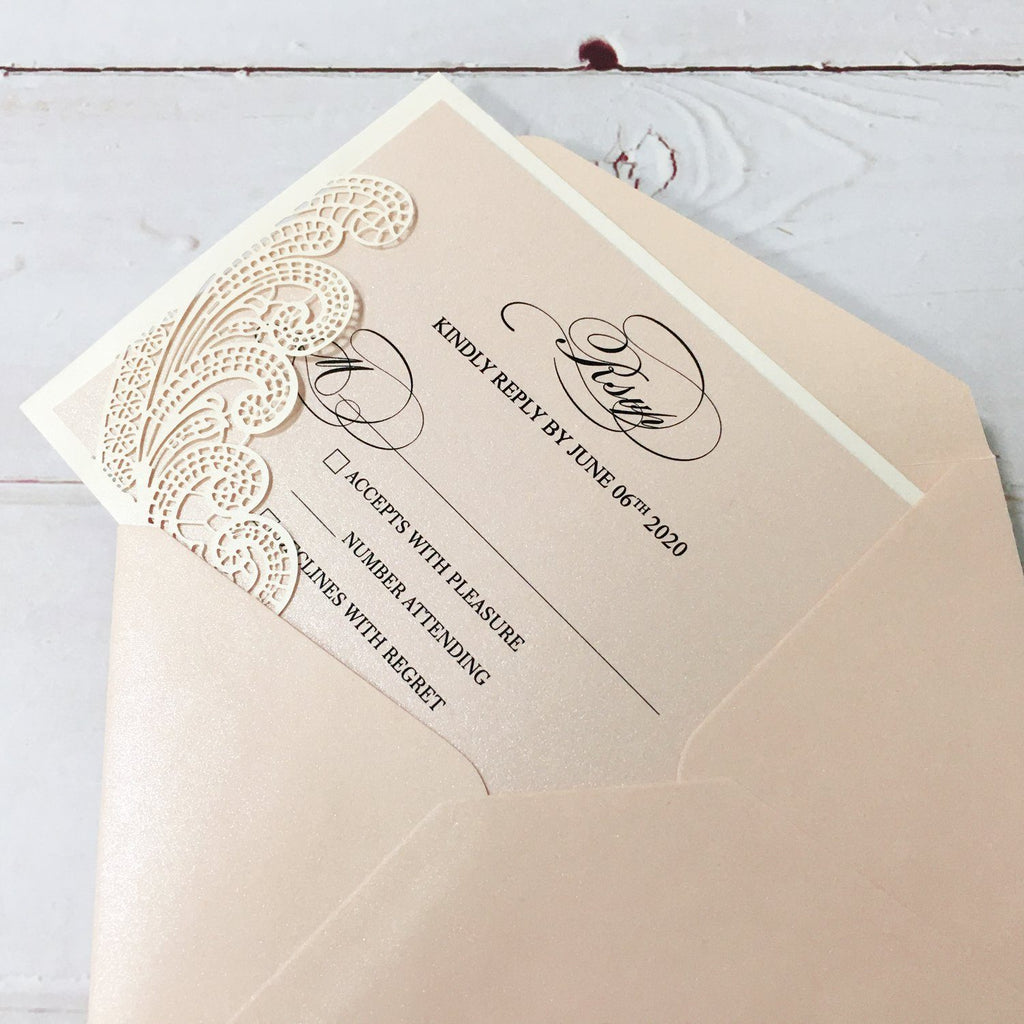 Laser Cutting Wedding Invitations with RSVP Cards, Blush Pink Shimmer Invitation Cards Picky Bride 