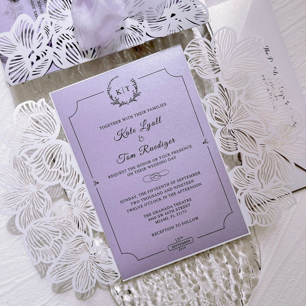 Lavender Purple Wedding Invitations with Ribbon Bows, Floral Elegant Invites and RSVP Cards Wedding Ceremony Supplies Picky Bride 