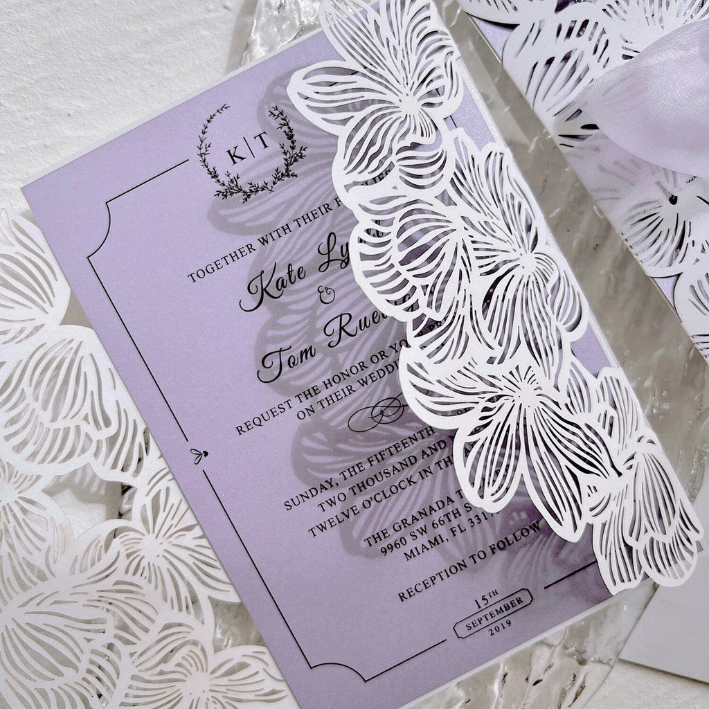 Lavender Purple Wedding Invitations with Ribbon Bows, Floral Elegant Invites and RSVP Cards Wedding Ceremony Supplies Picky Bride 