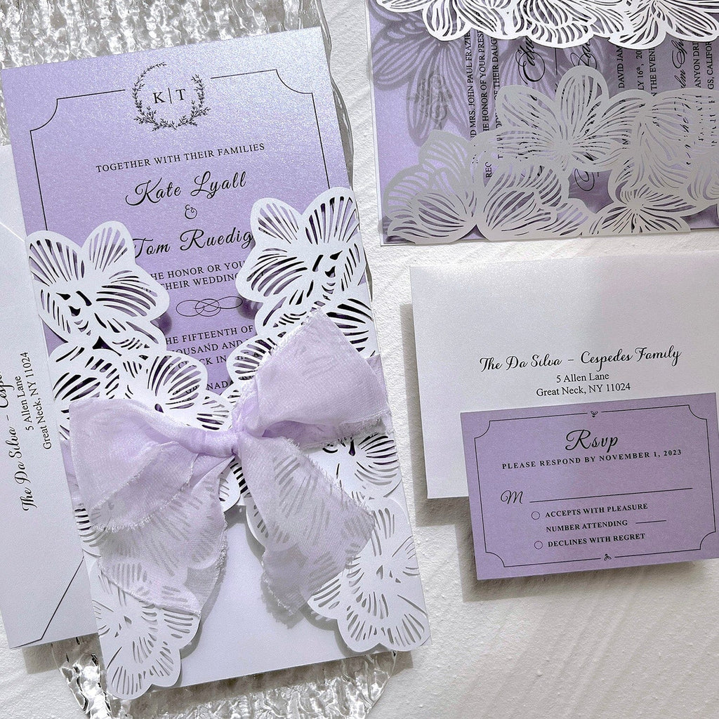 Lavender Purple Wedding Invitations with Ribbon Bows, Floral Elegant Invites and RSVP Cards Wedding Ceremony Supplies Picky Bride 