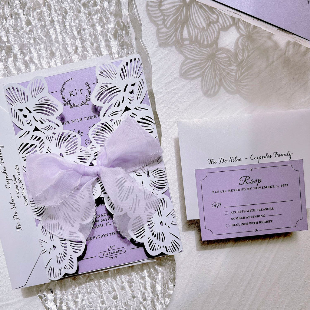 Lavender Purple Wedding Invitations with Ribbon Bows, Floral Elegant Invites and RSVP Cards Wedding Ceremony Supplies Picky Bride 