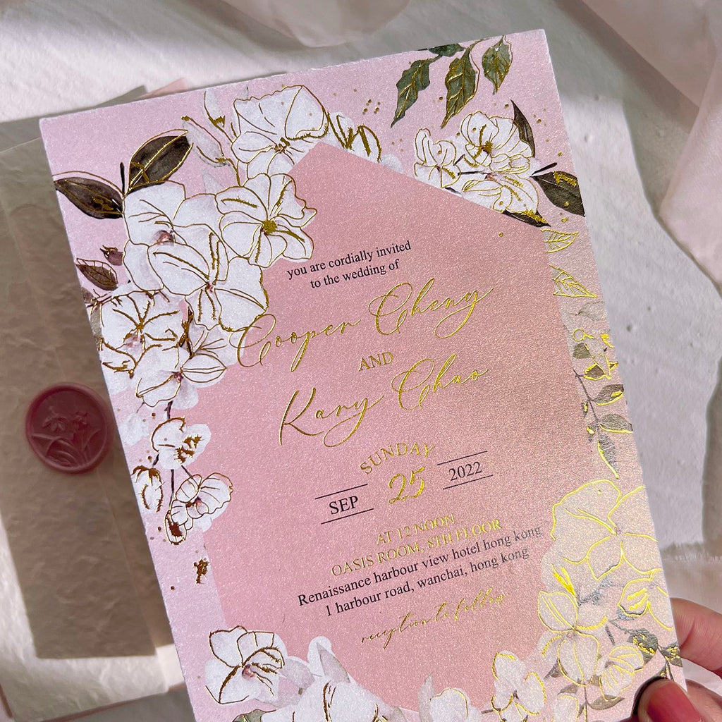 Light Pink Floral Wedding Invitations, Vintage White Handmade Paper Invites with Pink Wax Seals, Gold Foil Printing Wedding Ceremony Supplies Picky Bride 