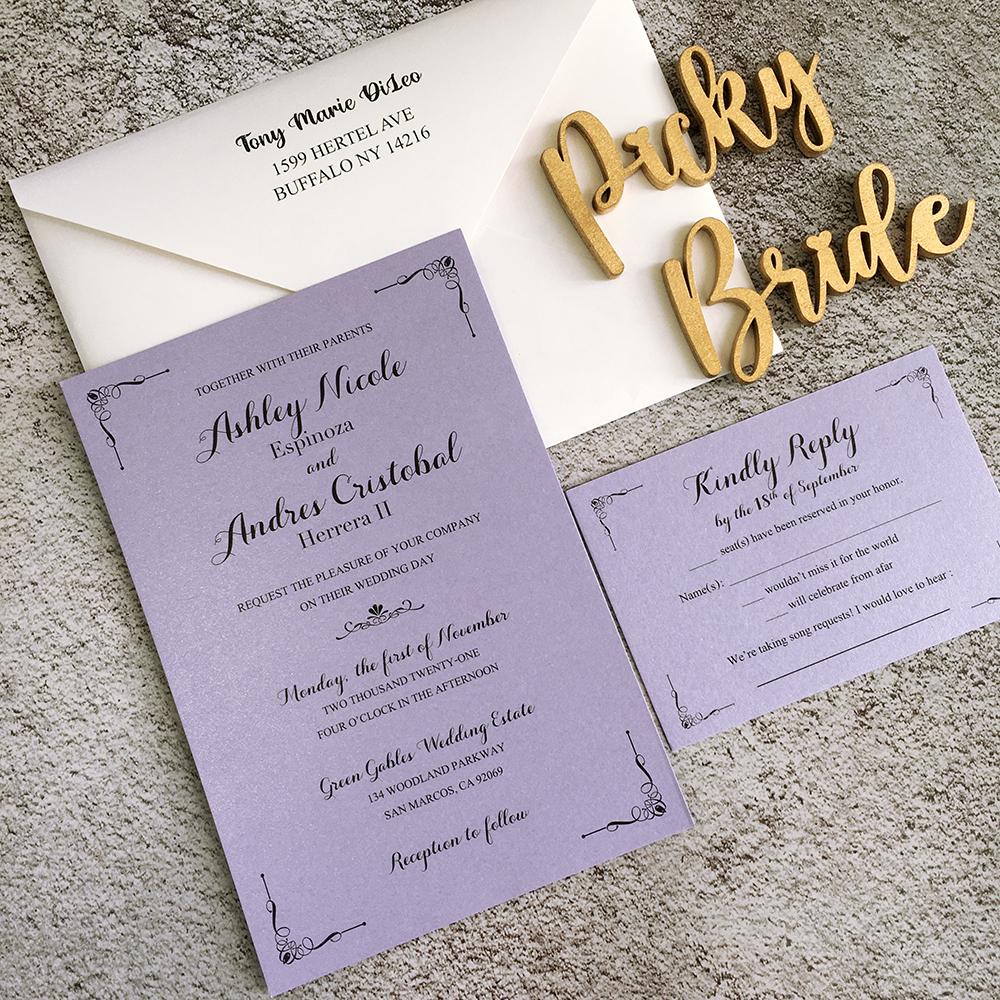 Lilac Lavender Purple Wedding Invitations with RSVP Cards, Customized Invite Wording Picky Bride 