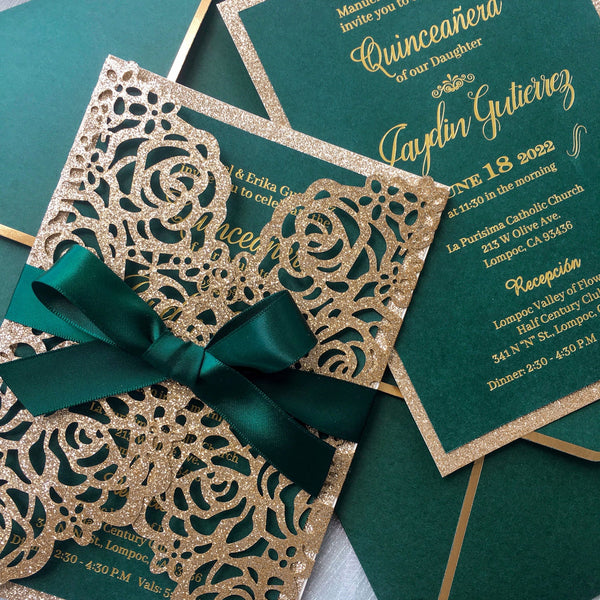 Luxury Gold Glitter Rose and Green Wedding Invitation with Gold Foil Printing Wedding Ceremony Supplies Picky Bride 