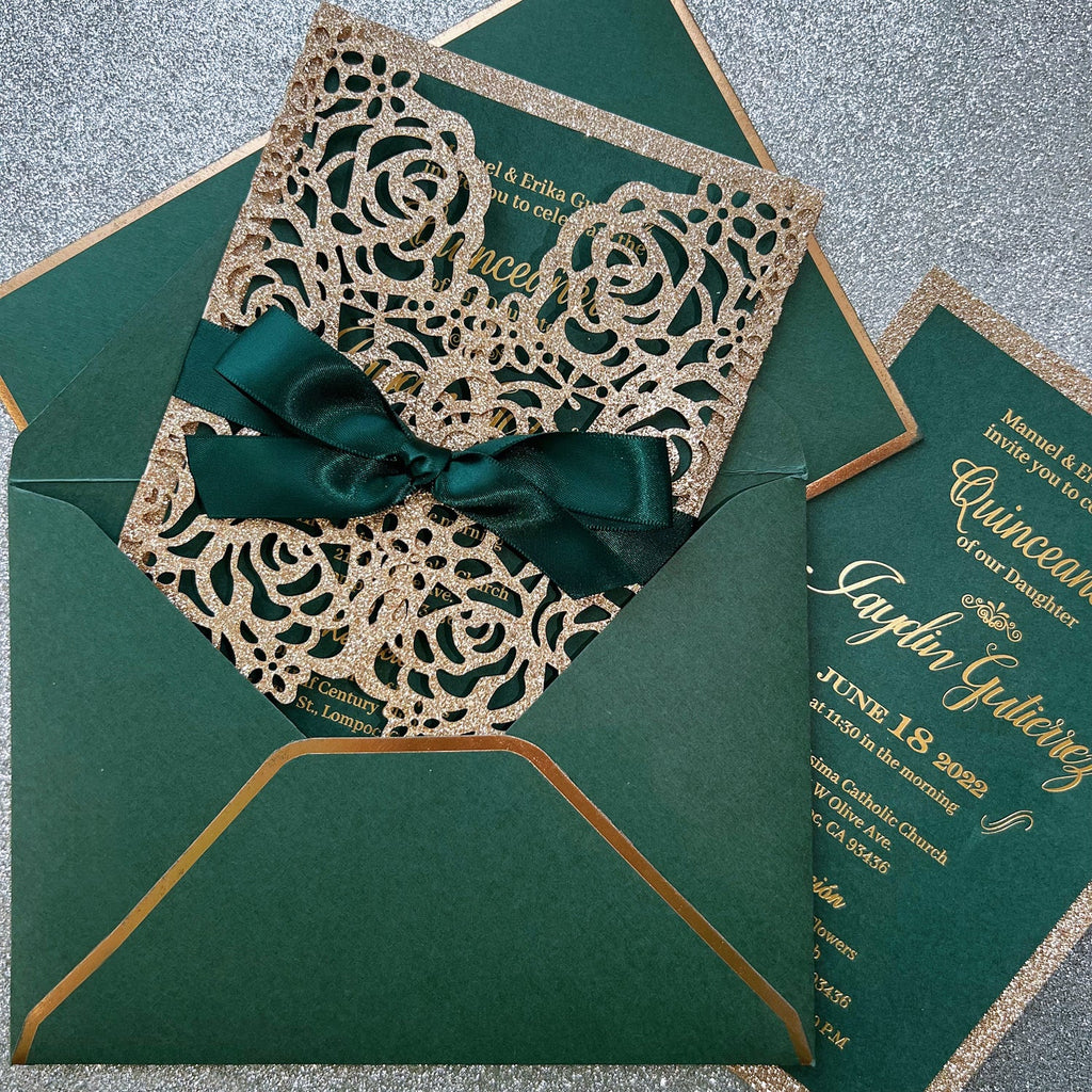 Luxury Gold Glitter Rose and Green Wedding Invitation with Gold Foil Printing Wedding Ceremony Supplies Picky Bride 