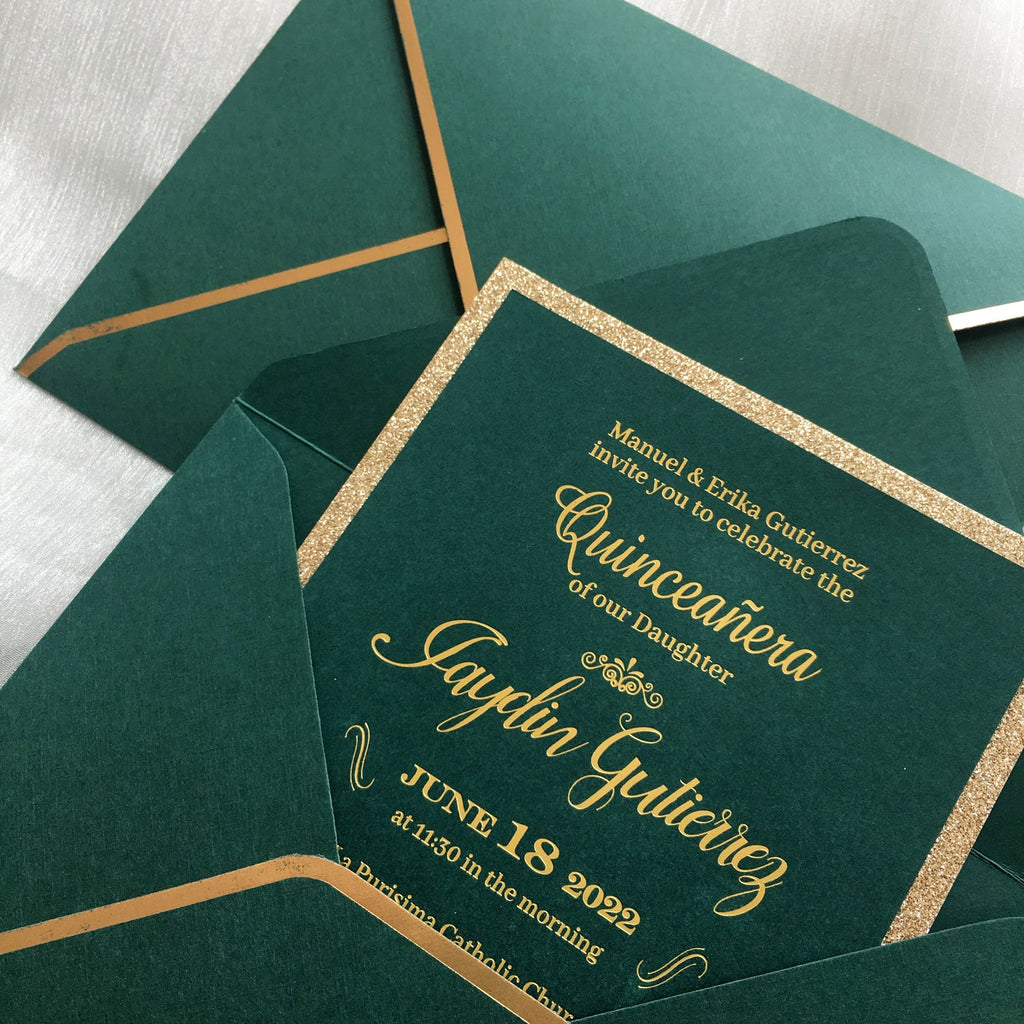 Luxury Gold Glitter Rose and Green Wedding Invitation with Gold Foil Printing Wedding Ceremony Supplies Picky Bride 