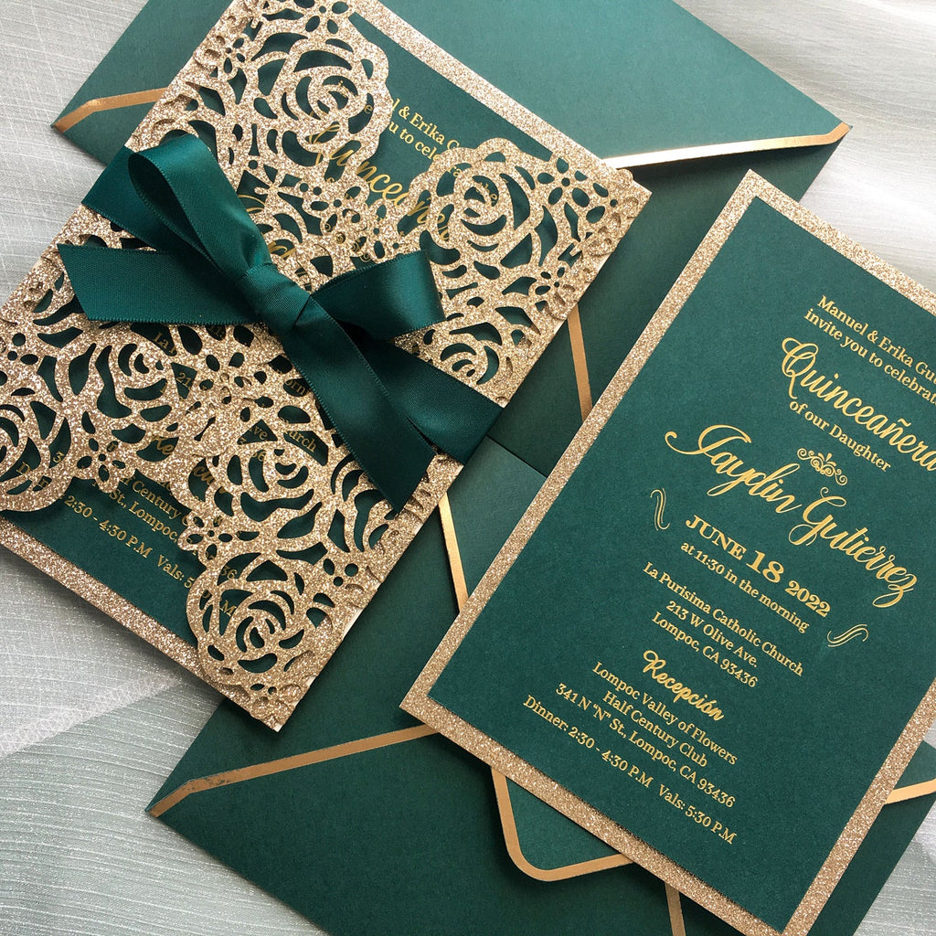 Luxury Gold Glitter Rose and Green Wedding Invitation with Gold Foil Printing Wedding Ceremony Supplies Picky Bride 