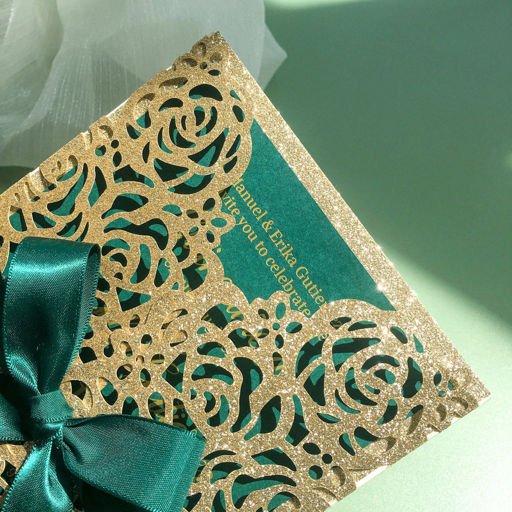 Luxury Gold Glitter Rose and Green Wedding Invitation with Gold Foil Printing Wedding Ceremony Supplies Picky Bride 