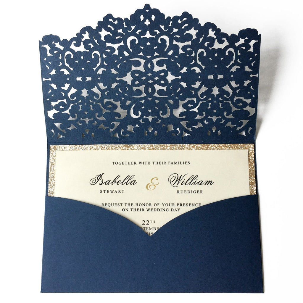 Luxury Navy Wedding Invitation Cards Pocket Design PB1988-N Picky Bride 
