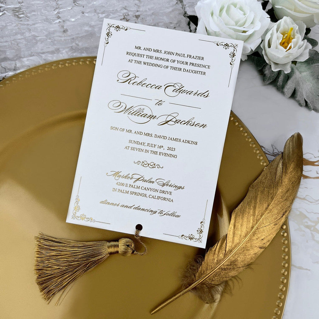 Luxury Pocket Tassel Wedding Invitation, Arabic Gold Foil Wedding Cards, Elegant Golden Shine Wedding Invites Picky Bride 