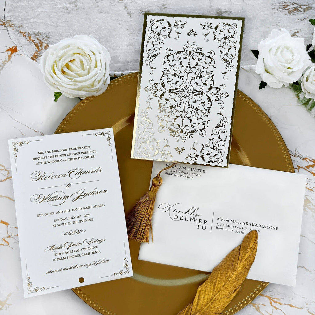 Luxury Pocket Tassel Wedding Invitation, Arabic Gold Foil Wedding Cards, Elegant Golden Shine Wedding Invites Picky Bride 
