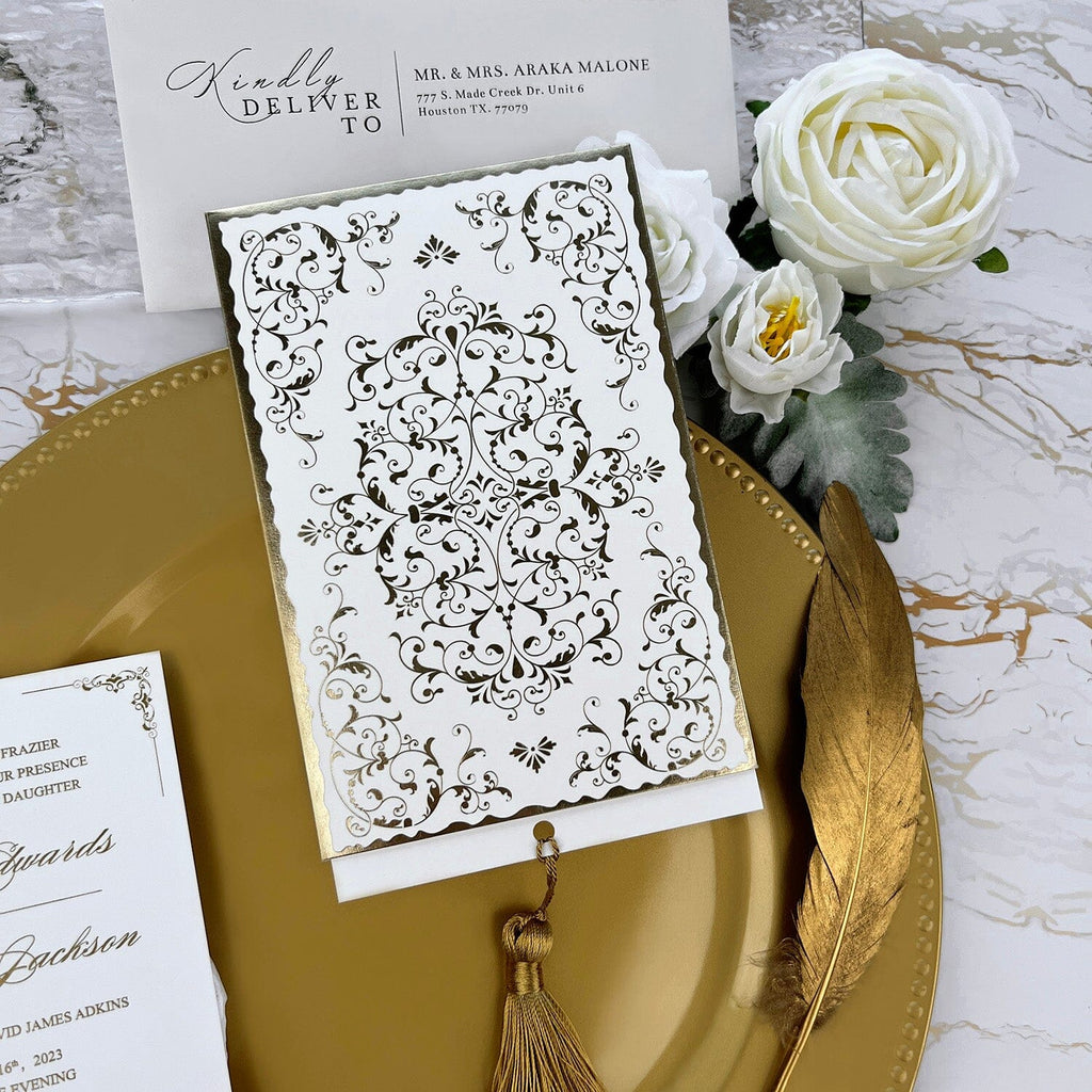 Luxury Pocket Tassel Wedding Invitation, Arabic Gold Foil Wedding Cards, Elegant Golden Shine Wedding Invites Picky Bride 