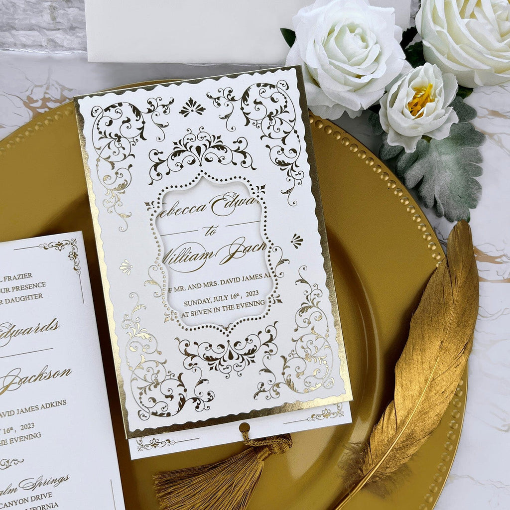 Luxury Pocket Tassel Wedding Invitation, Arabic Gold Foil Wedding Cards, Elegant Golden Shine Wedding Invites Picky Bride 