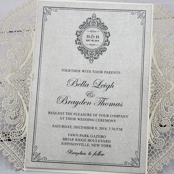 Metallic Silver Wedding Invitation with Ribbon Bow and Envelopes Picky Bride 