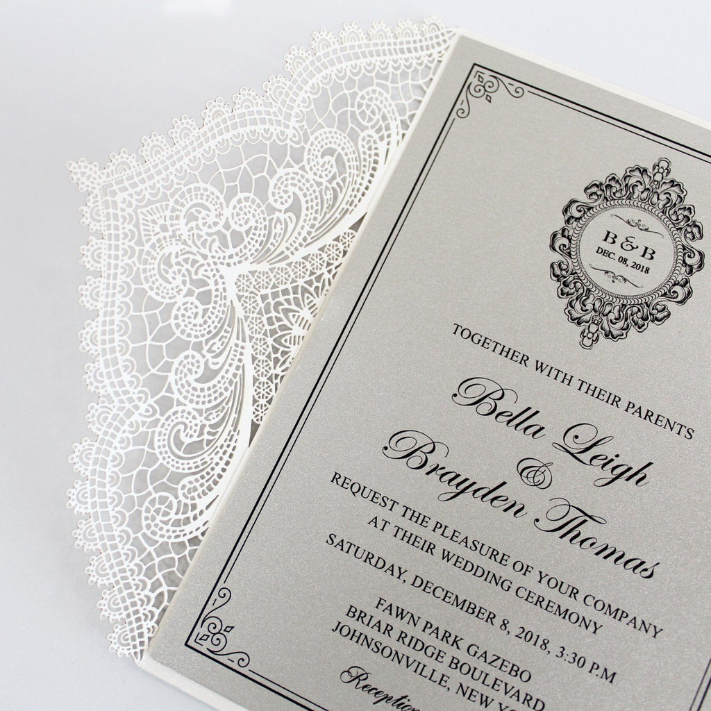 Metallic Silver Wedding Invitation with Ribbon Bow and Envelopes Picky Bride 