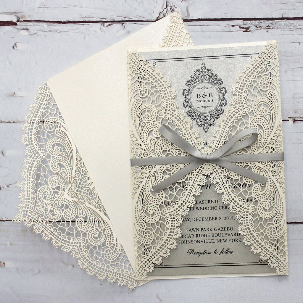 Metallic Silver Wedding Invitation with Ribbon Bow and Envelopes Picky Bride 