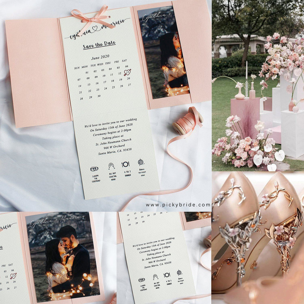 Minimalist Pale Pink Pocket Invitation for Wedding , Modern Elegant Invite & Photo Cards Picky Bride 