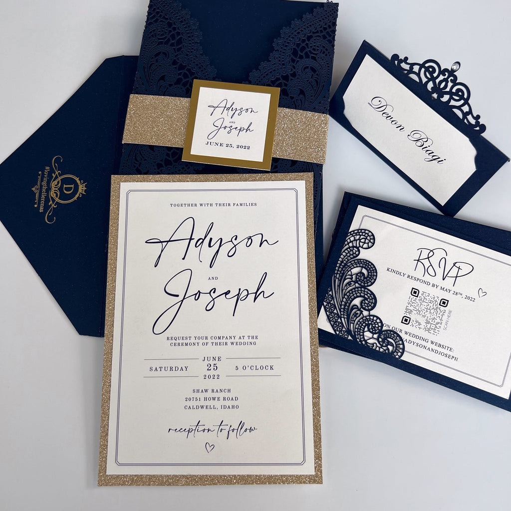 Navy and Gold Wedding Invitations Suite with Gold Glitter Bellyband Wedding Ceremony Supplies Picky Bride 