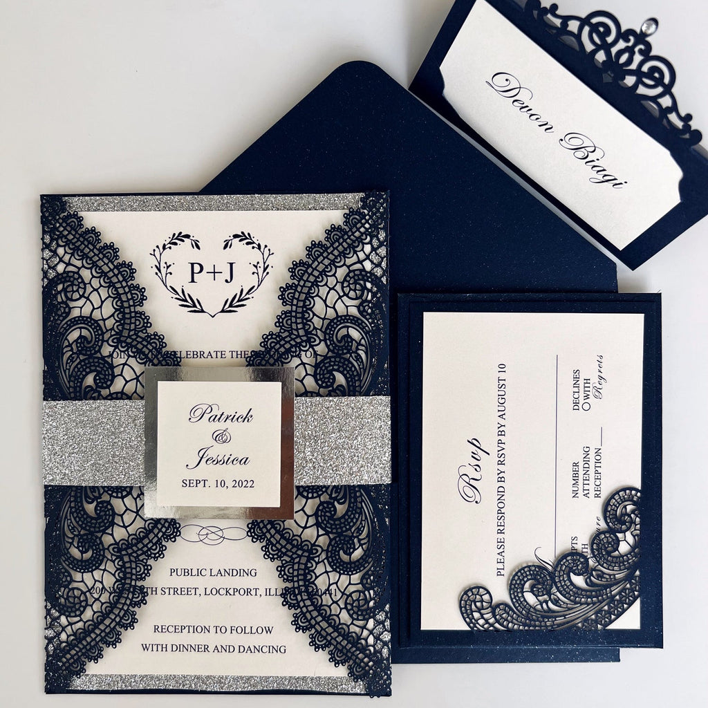 Navy and Gold Wedding Invitations Suite with Gold Glitter Bellyband Wedding Ceremony Supplies Picky Bride 