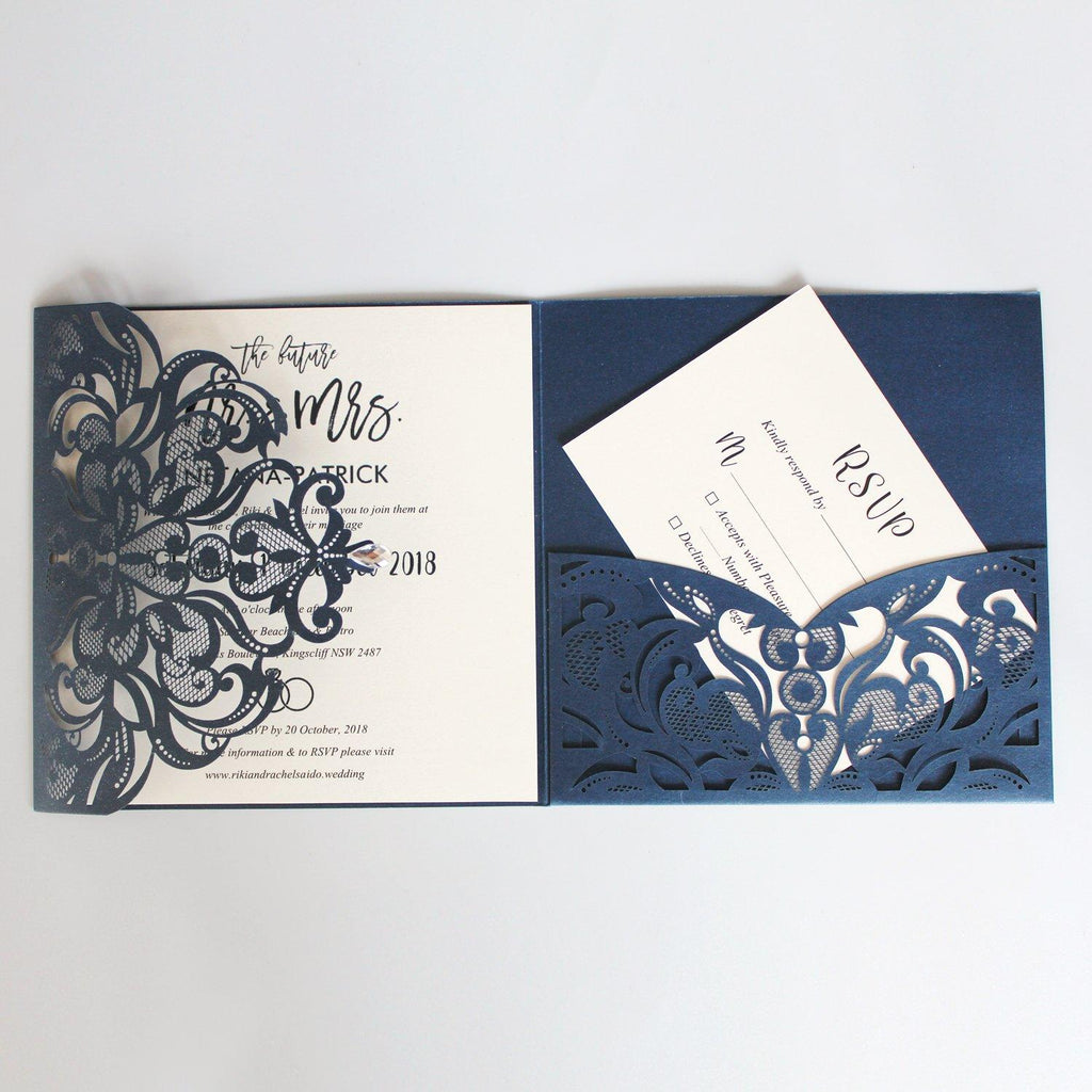 Navy Blue Wedding Invitation Pocket Invite Cards With RSVP Cards Picky Bride 