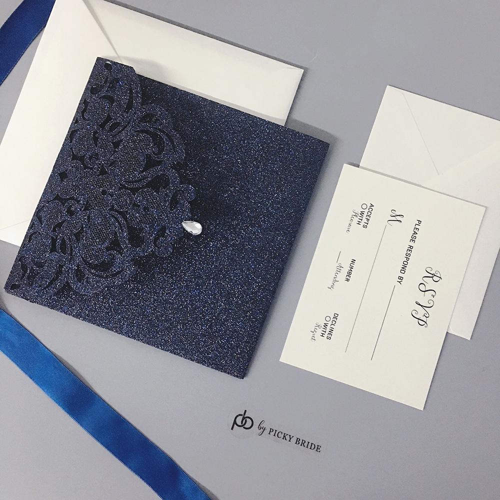 Navy Glitter Laser Cut Wedding Invitation Set Luxury Wedding Theme Picky Bride 