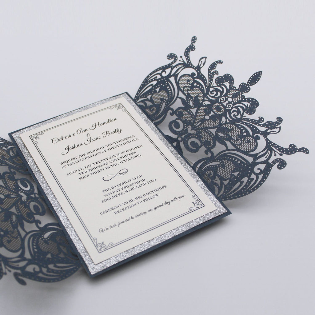 Navy Luxury Wedding Cards Invitations with Ribbon Bow Picky Bride 