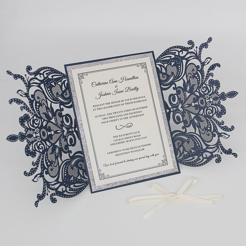 Navy Luxury Wedding Cards Invitations with Ribbon Bow Picky Bride 