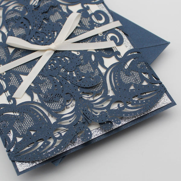 Navy Luxury Wedding Cards Invitations with Ribbon Bow Picky Bride 