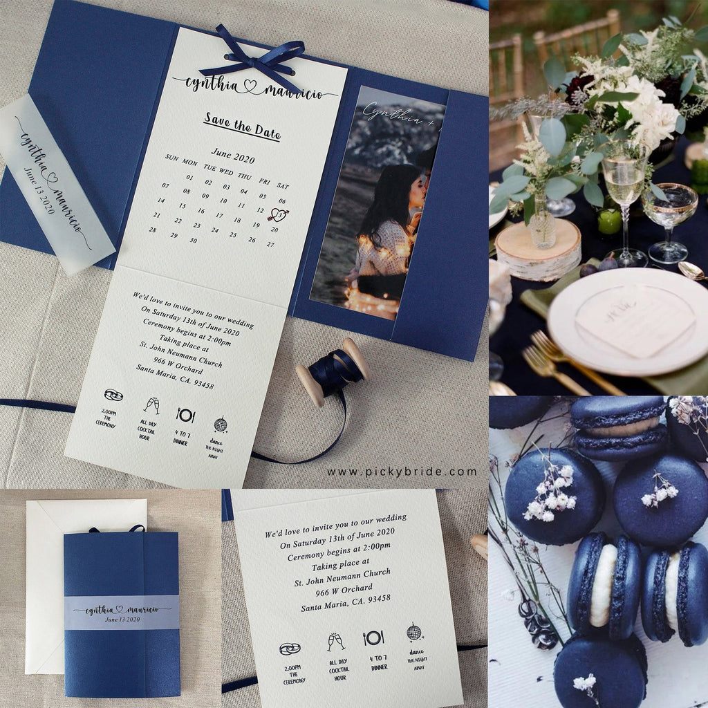 Navy Pocket Wedding Invitation , Classic Pocket Fold Invite Cards, Photo Cards & Vellum Belly Band Picky Bride 