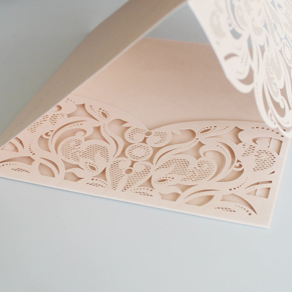 Pale Pink Fold Wedding Invitations Laser Cutting Cover Pocket Invitations with RSVP Picky Bride 