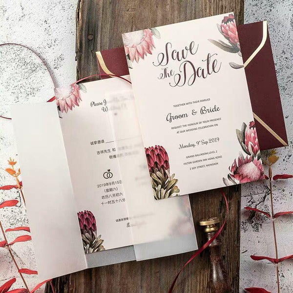 Picky Bride Burgundy Wedding Invitations Floral Invitation Cards with Vellum Paper Wrap Picky Bride 