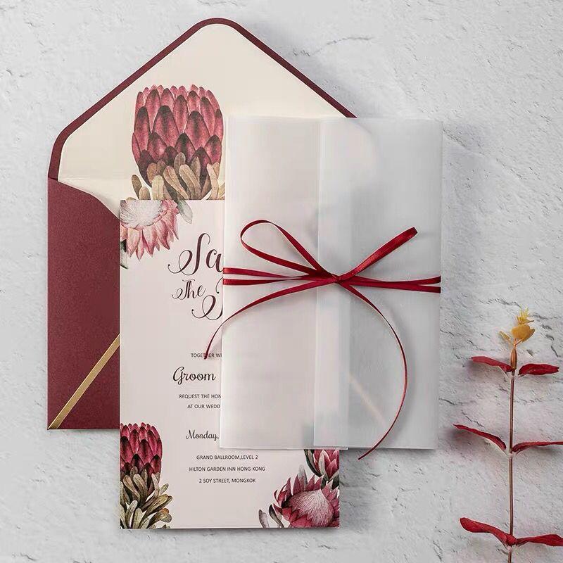 Picky Bride Burgundy Wedding Invitations Floral Invitation Cards with Vellum Paper Wrap Picky Bride 