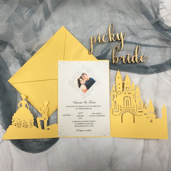Picky Bride Castle Wedding Invitation Yellow Gold Wedding Invitations with Bride & Groom Picky Bride 