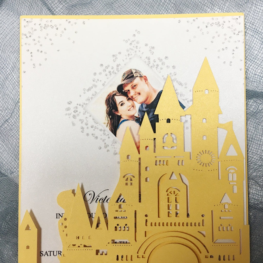 Picky Bride Castle Wedding Invitation Yellow Gold Wedding Invitations with Bride & Groom Picky Bride 