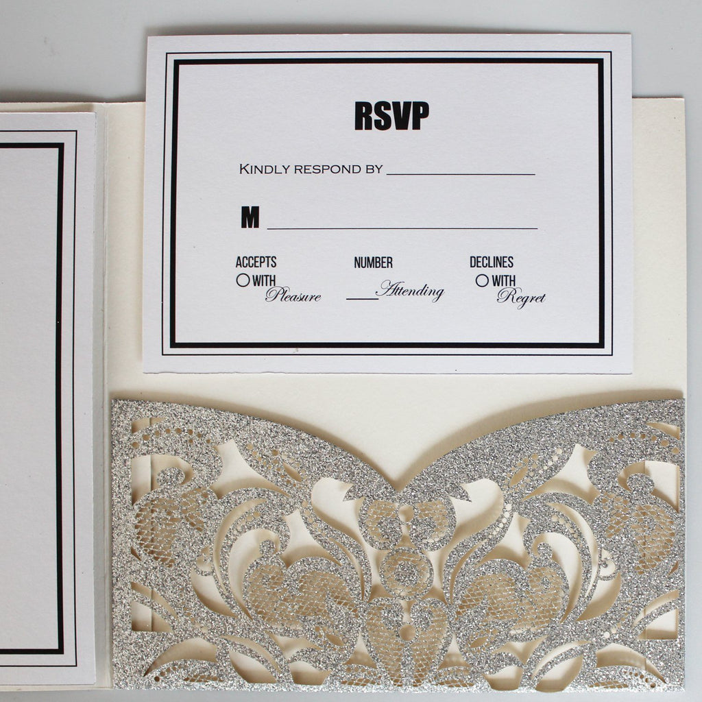 Picky Bride Elegant Glitter Silver Laser Cut Wedding Invitations with RSVP Cards Picky Bride 