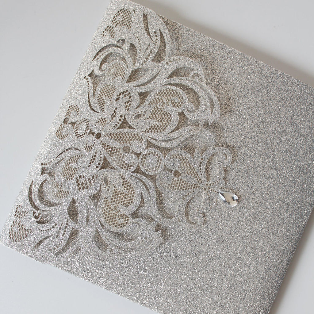 Picky Bride Elegant Glitter Silver Laser Cut Wedding Invitations with RSVP Cards Picky Bride 