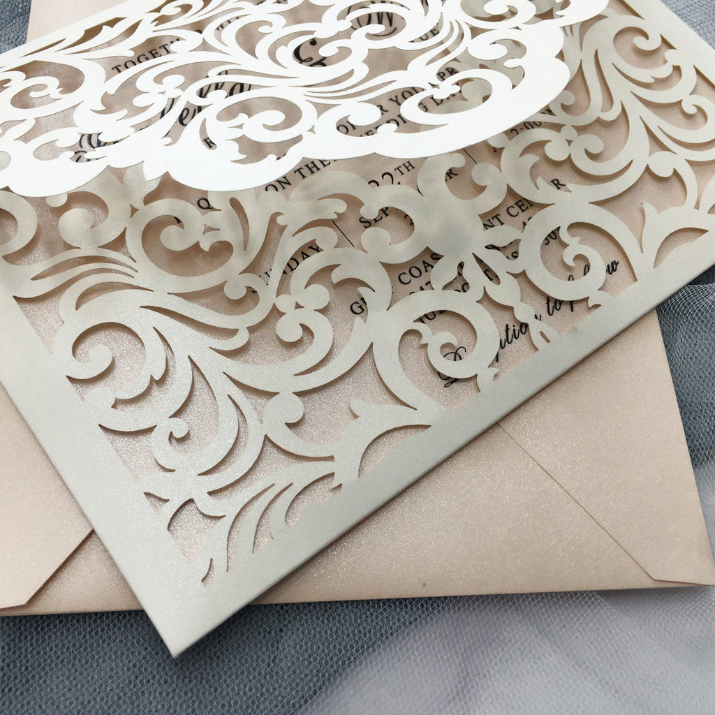 Picky Bride Elegant Wedding Invitations Cards Ivory Laser Cut Invitations with Blush Pink Shimmer Insert Picky Bride 