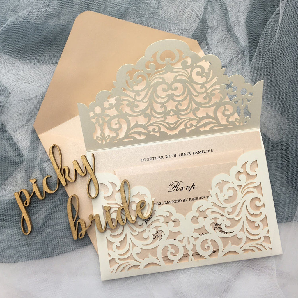 Picky Bride Elegant Wedding Invitations Cards Ivory Laser Cut Invitations with Blush Pink Shimmer Insert Picky Bride 