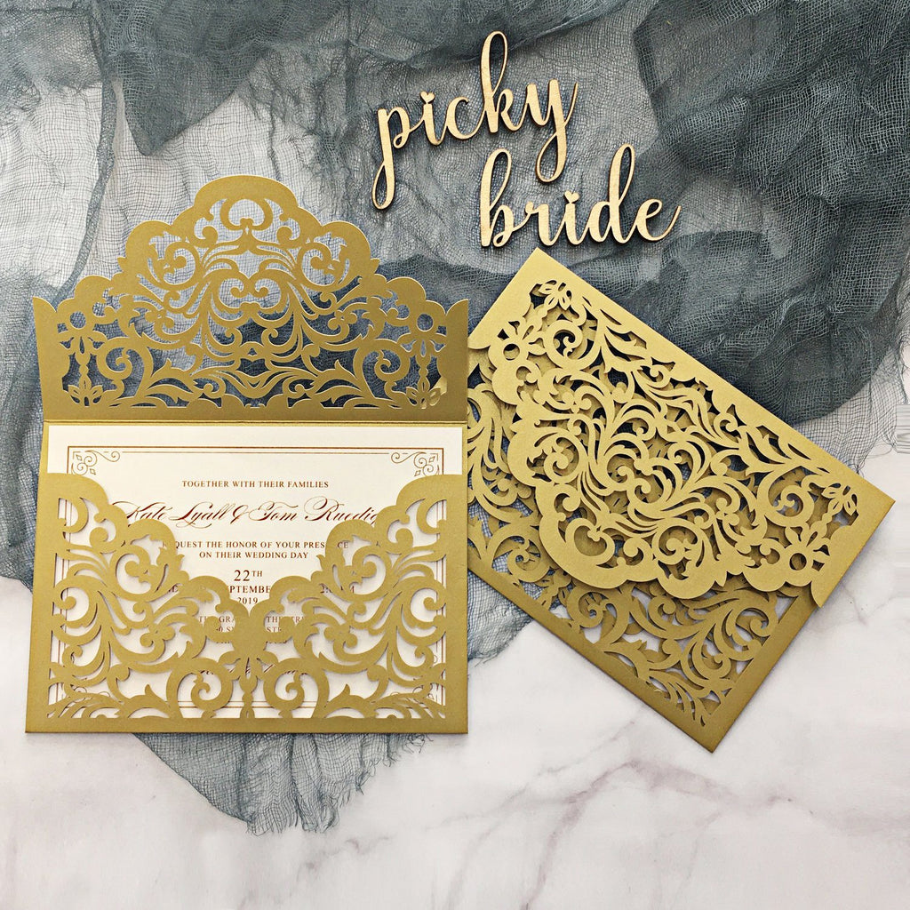 Picky Bride Elegant Wedding Invitations Cards Ivory Laser Cut Invitations with Blush Pink Shimmer Insert Picky Bride Gold 30 x $3.5 ea. 