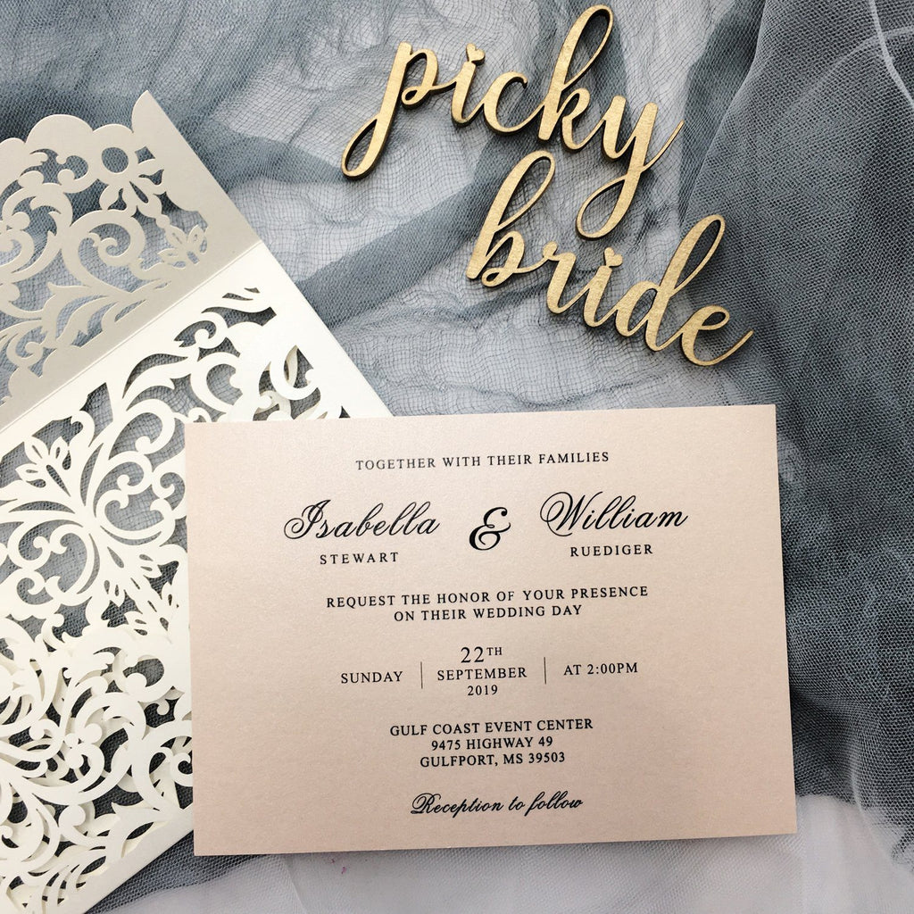 Picky Bride Elegant Wedding Invitations Cards Ivory Laser Cut Invitations with Blush Pink Shimmer Insert Picky Bride Ivory 30 x $3.5 ea. 